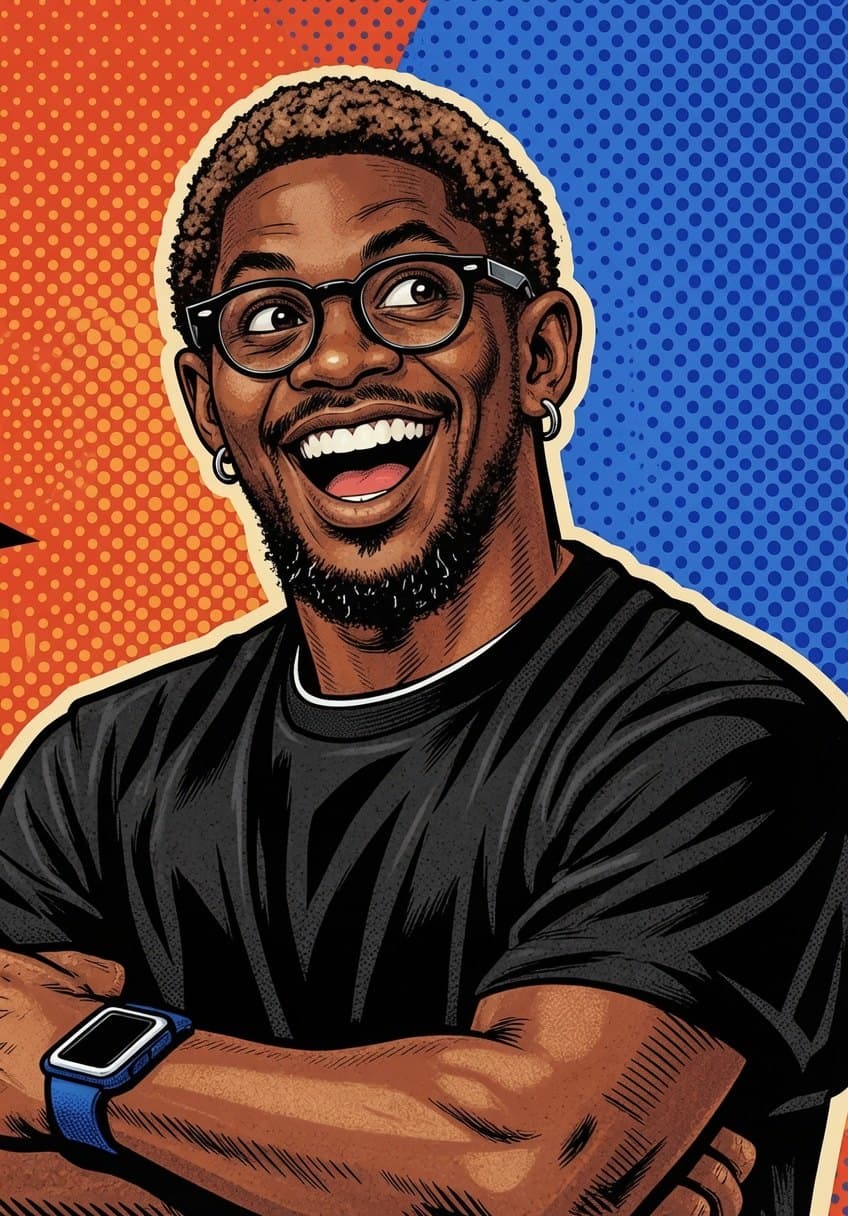A comic pop-art portrait of Femi, arms crossed, on an orange and blue halftone background