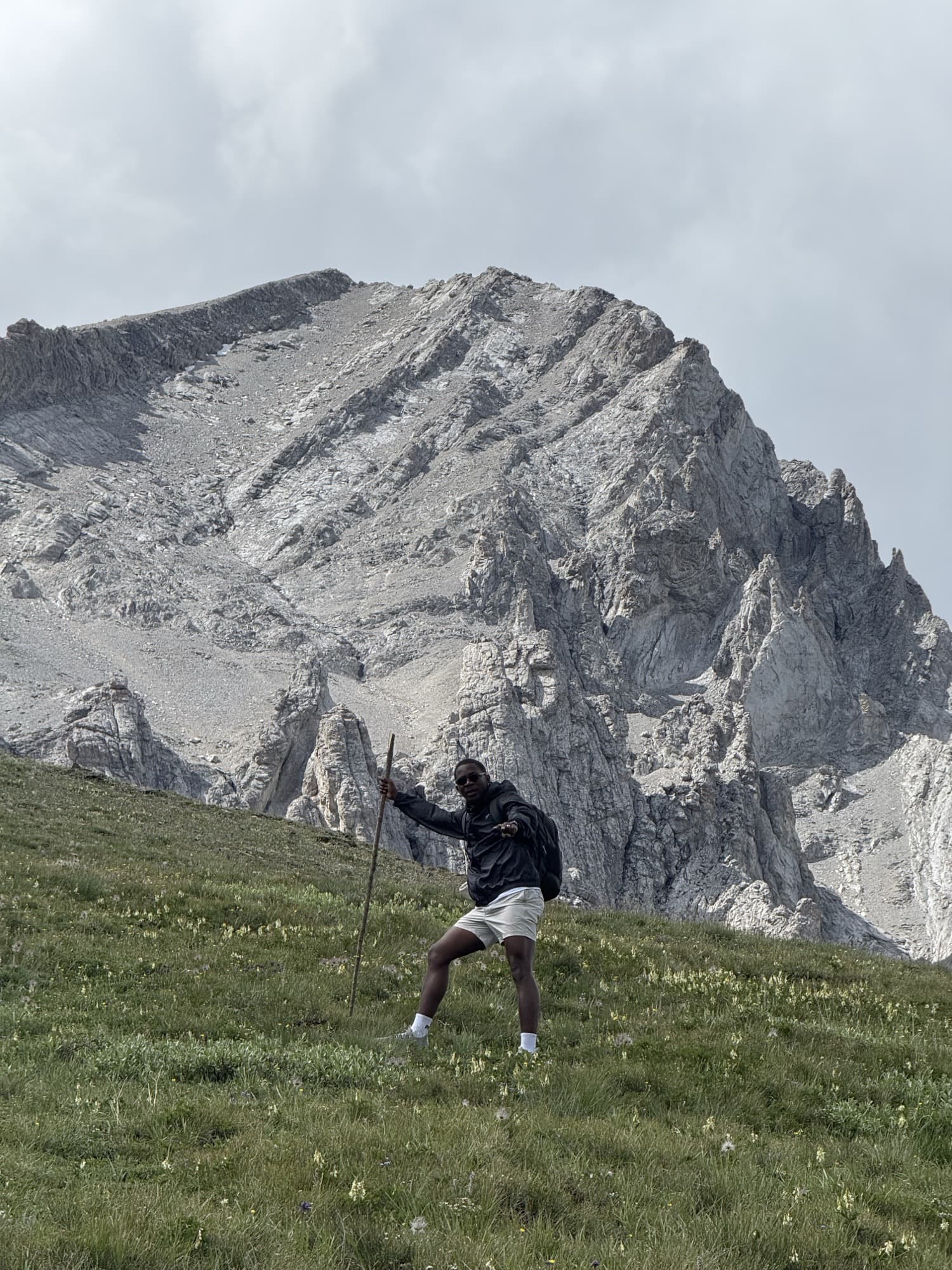 Posing with a walking stick on an alpine meadow beneath a grey peak