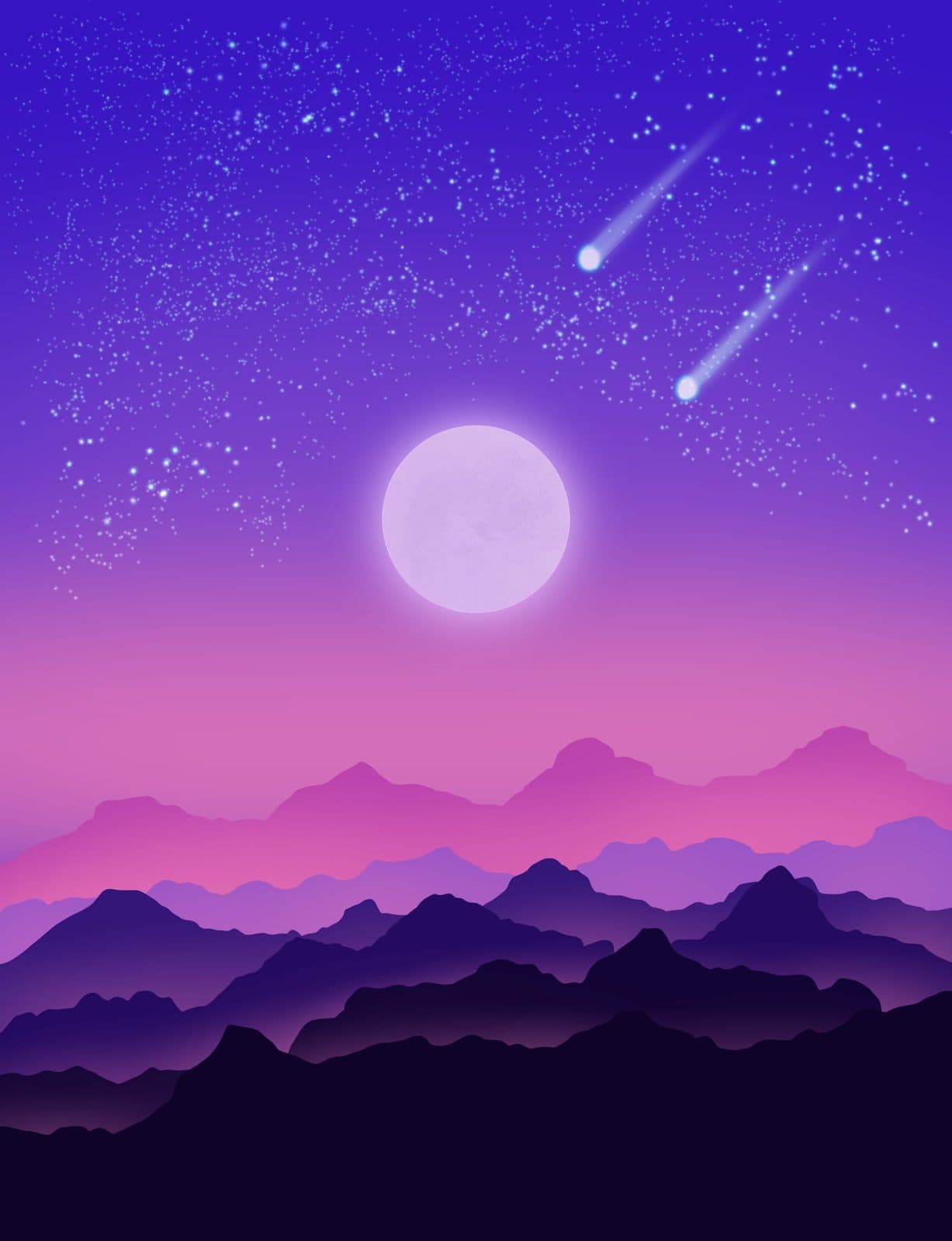 Illustration of a full moon and shooting stars over purple mountain silhouettes