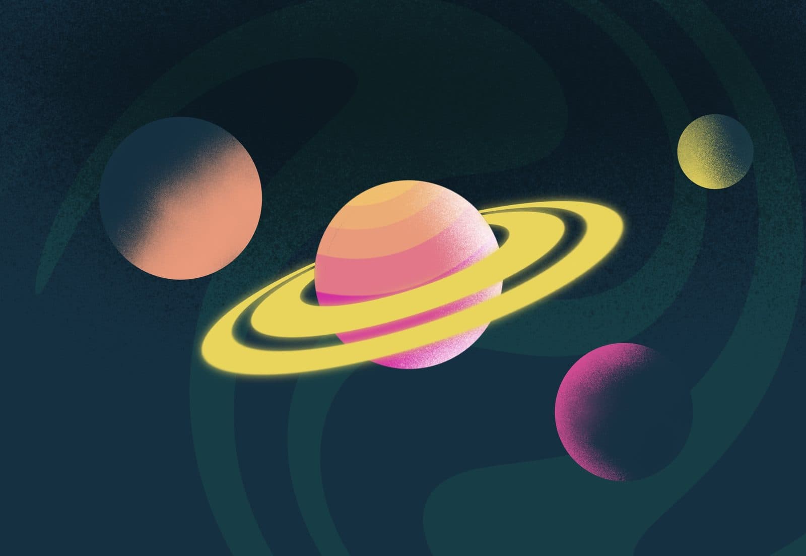 Illustration of a pink ringed planet with yellow rings among other planets in space