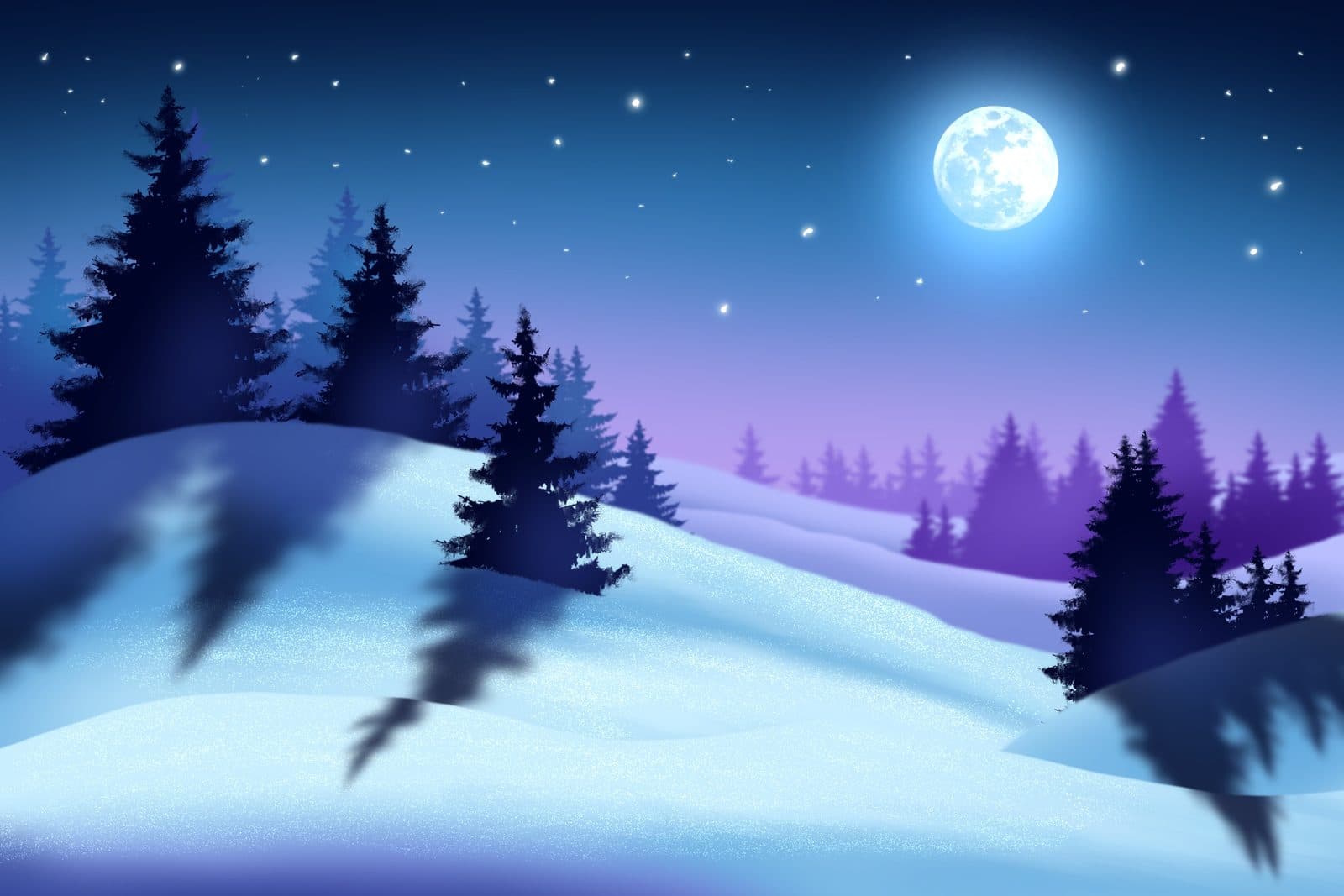 Illustration of a moonlit snowy landscape with pine trees