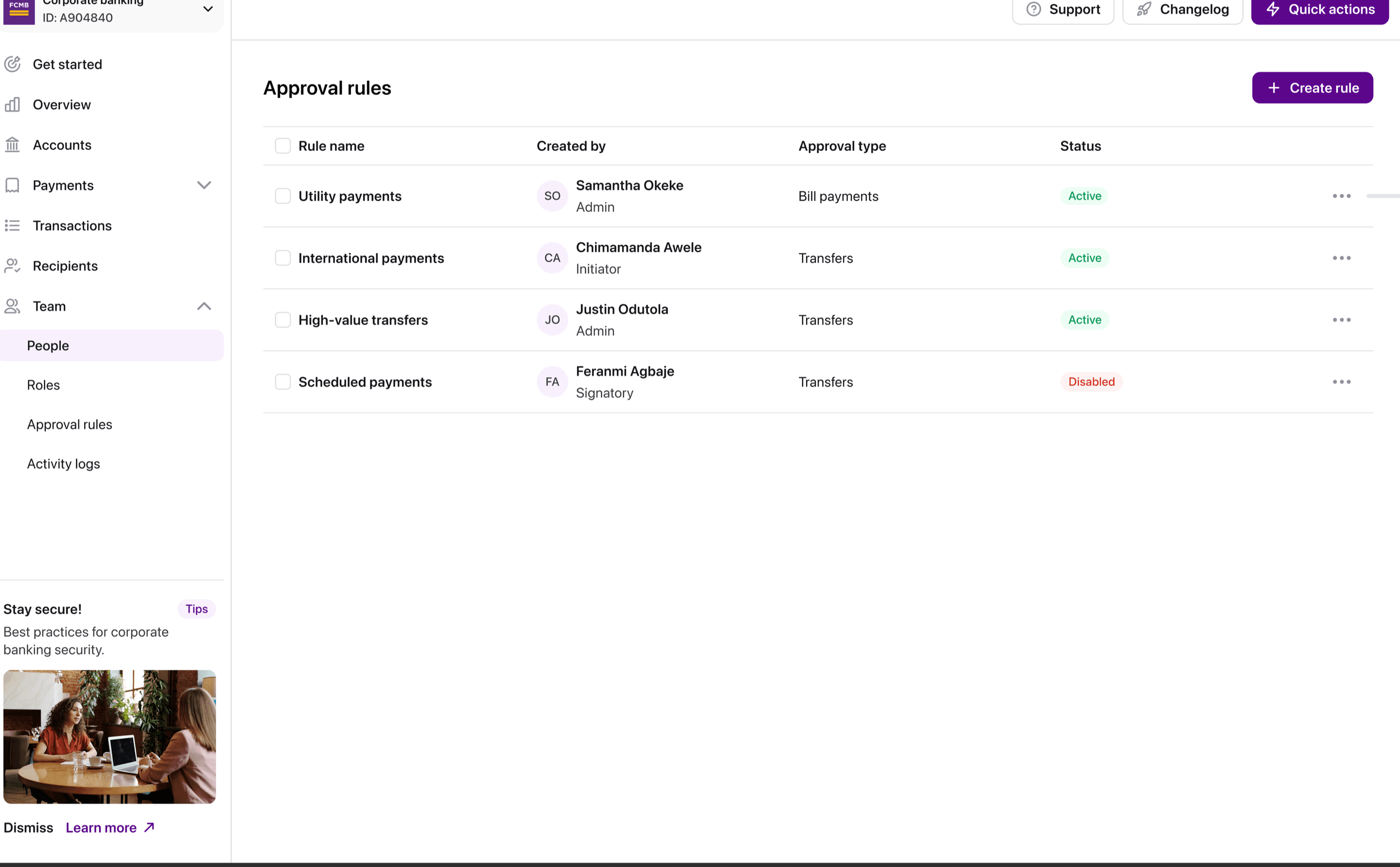 Approval rules list: utility payments, international payments, high-value transfers, and scheduled payments, each with its own rule and status.