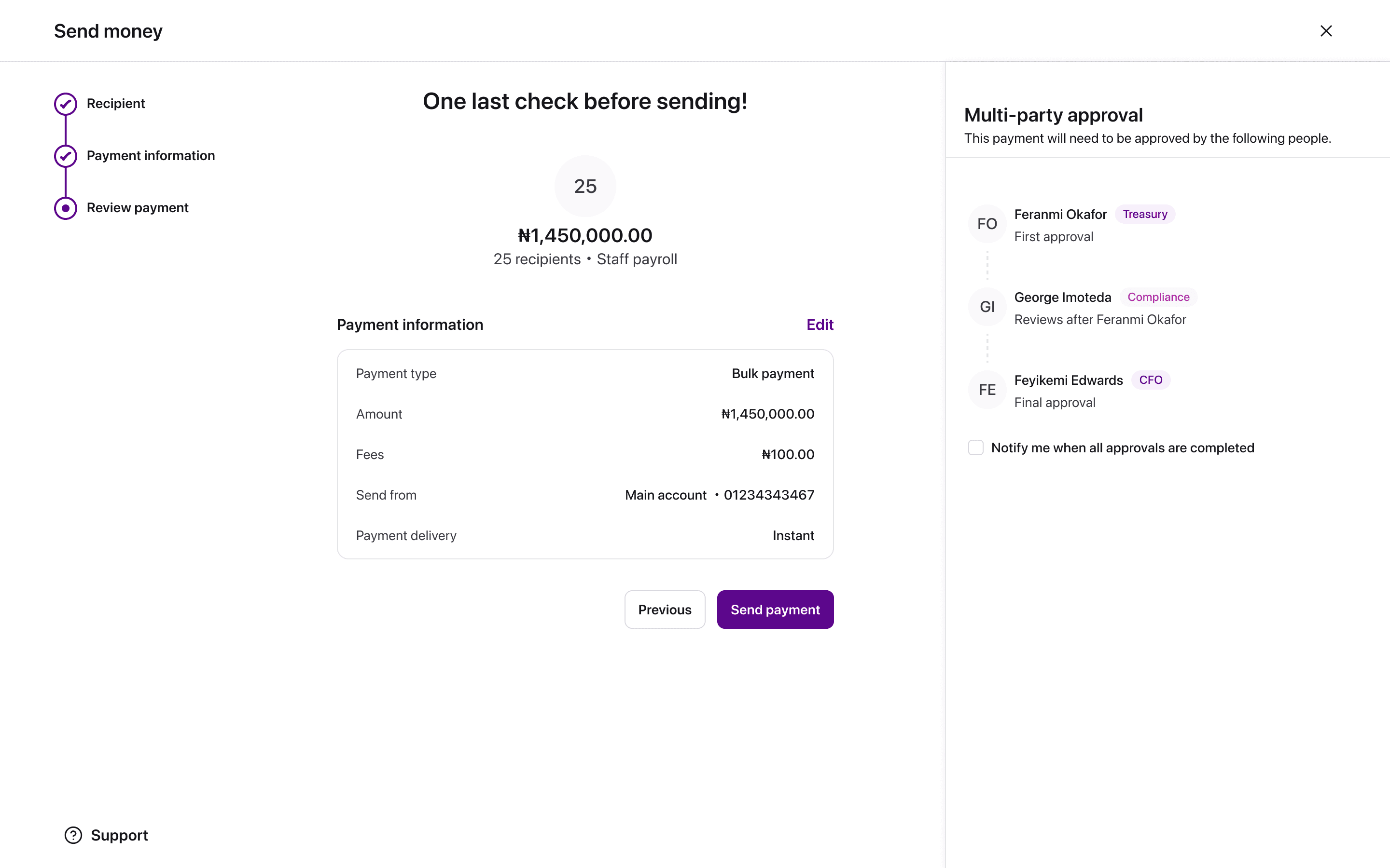 Review screen for a bulk staff payroll payment to 25 recipients, showing the multi-party approval chain it will pass through: treasury, then compliance, then the CFO.
