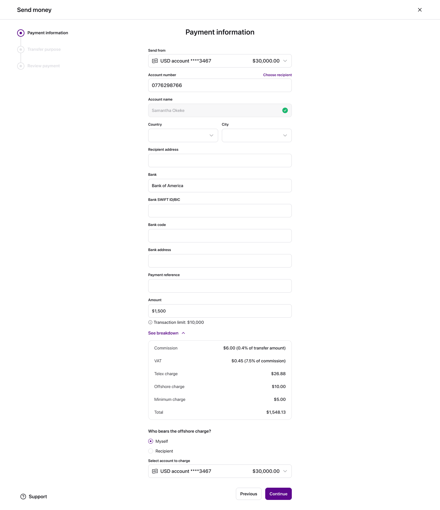 International payment form with an expanded fee breakdown: commission, VAT, telex, offshore and minimum charges, and a choice of who bears the offshore charge.