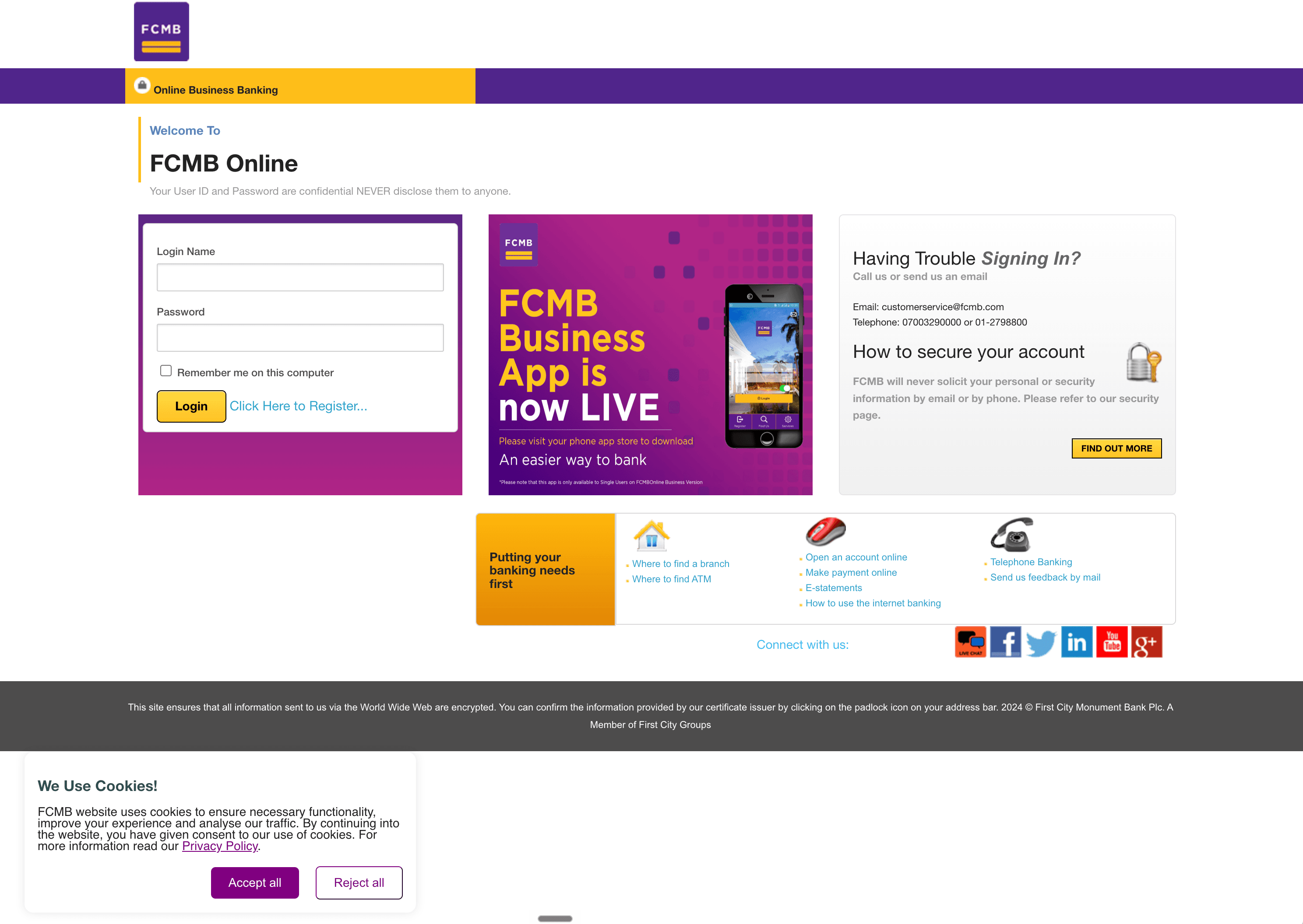 The old FCMB Online business banking portal: a login form beside promotional banners and a cookie notice.