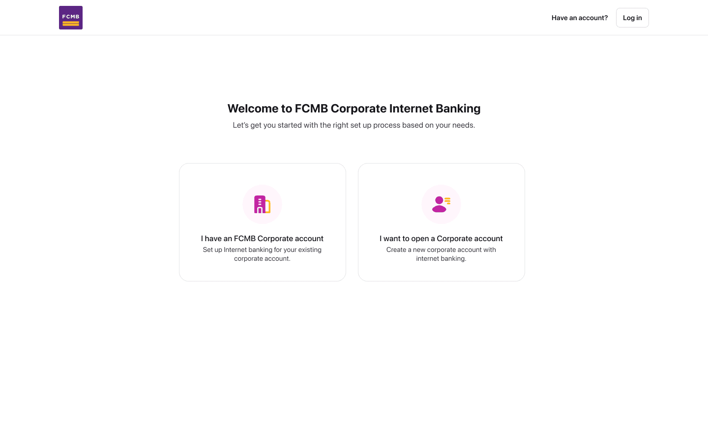 Onboarding entry screen offering two paths: set up internet banking for an existing corporate account, or open a new corporate account.