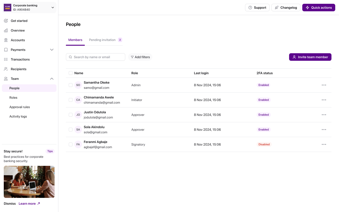 Team members list showing each person's role, last login, and two-factor authentication status.